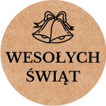 Naklejki WESOŁYCH ŚWIĄT z dzwoneczkami - Papier EKO KRAFT - etykiety 5cm