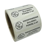 Nieodpowiednie dla dzieci poniżej 3 lat - foliowe etykiety 40x15mm