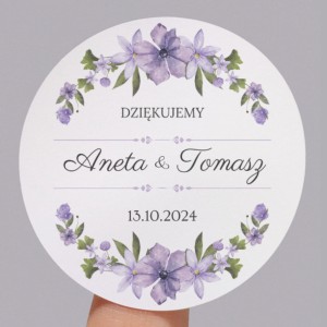 Fioletowe naklejki ślubne z imionami i napisem DZIĘKUJEMY 