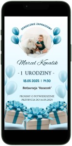 E-ZAPROSZENIE niebieskie dla chłopca na URODZINY ROCZEK dziecka ze zdjęciem