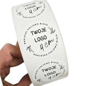 FOLIA - Okrągłe NAKLEJKI Foliowe z LOGO -  Białe wlepki reklamowe 4cm (czarny nadruk)