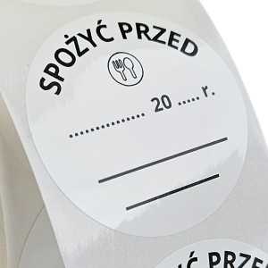 SPOŻYĆ PRZED - Naklejki FOLIOWE Food Safety - etykiety okrągłe 4cm - 200szt