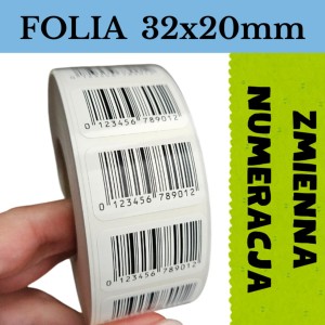  Etykiety foliowe z kodem kreskowym 32x20mm - ZMIENNA NUMERACJA