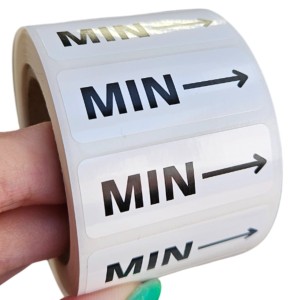 Naklejki z oznaczeniem poziomu minimalnego (min ze strzałką) - Etykiety foliowe 40x15mm