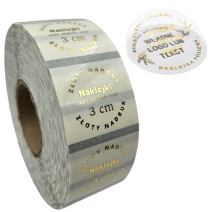 ZŁOTY NADRUK z LOGO - Złocone naklejki przezroczyste, bezbarwne, transparentne - 3cm