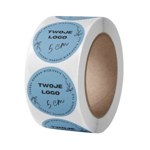 TWOJE WŁASNE LOGO - Naklejki 5cm (czarny nadruk) - niebieskie tło