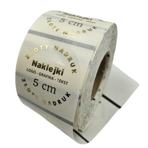 ZŁOTY NADRUK z LOGO - Złocone naklejki przezroczyste, bezbarwne, transparentne - 5cm