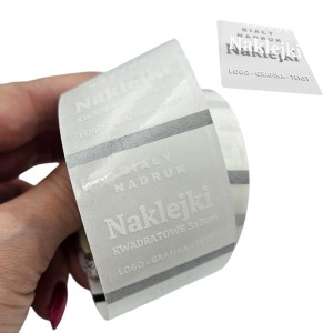 BIAŁY NADRUK Etykiety 3x3cm - Naklejki kwadratowe Z LOGO przezroczyste, bezbarwne, transparentne