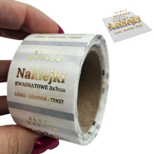   ZŁOTY NADRUK z LOGO - Kwadratowe Złocone naklejki przezroczyste 3x3cm  bezbarwne, transparentne 