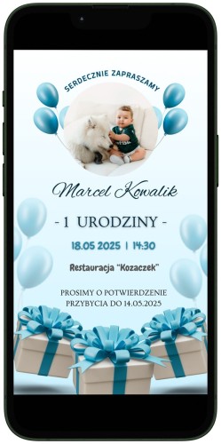 E-ZAPROSZENIE niebieskie dla chłopca na URODZINY ROCZEK dziecka ze zdjęciem.jpg