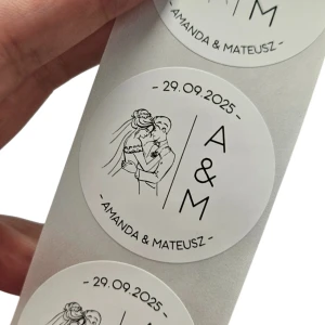 Naklejki ślubne z grafiką Pary Młodej - Etykiety weselne z imionami i datą