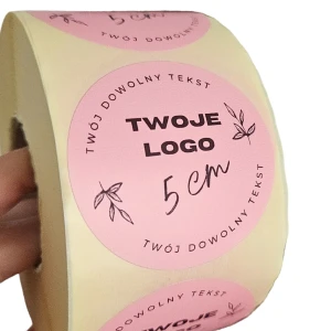 TWOJE WŁASNE LOGO - Różowe naklejki 5cm (czarny nadruk)