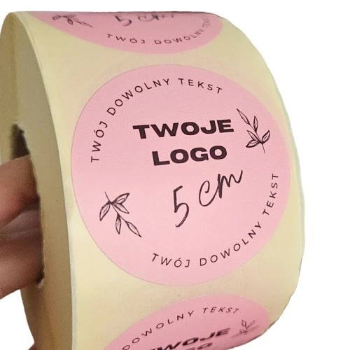 TWOJE WŁASNE LOGO - Różowe naklejki 5cm (czarny nadruk)