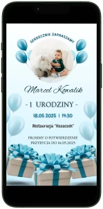 E-ZAPROSZENIE niebieskie dla chłopca na URODZINY ROCZEK dziecka ze zdjęciem
