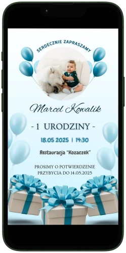 E-ZAPROSZENIE niebieskie dla chłopca na URODZINY ROCZEK dziecka ze zdjęciem.jpg
