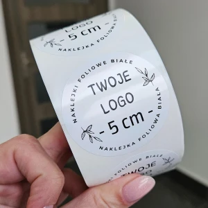FOLIA - Okrągłe NAKLEJKI Foliowe z LOGO - Białe wlepki reklamowe 5cm (czarny nadruk)