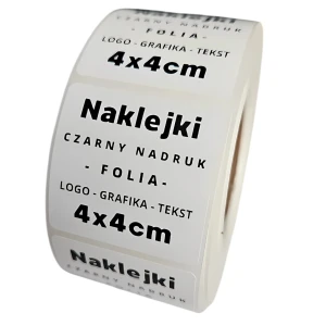 FOLIA - Etykiety kwadratowe - Naklejki Foliowe 4x4cm - (czarny nadruk) - WŁASNE LOGO lub tekst