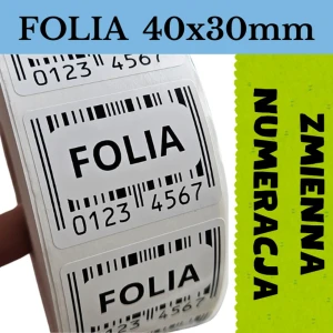  Etykiety foliowe z kodem kreskowym 40x30mm - ZMIENNA NUMERACJA