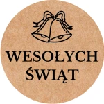 Naklejki WESOŁYCH ŚWIĄT z dzwoneczkami - Papier EKO KRAFT - etykiety 5cm