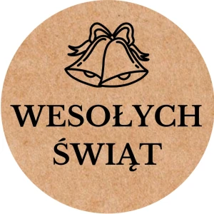 Naklejki WESOŁYCH ŚWIĄT z dzwoneczkami - Papier EKO KRAFT - etykiety 5cm