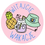 Naklejki WITAJCIE WAKACJE - okrągłe etykiety na lato, koniec roku szkolnego