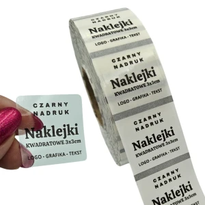  Naklejki Z LOGO przezroczyste, bezbarwne, transparentne - Etykiety kwadratowe 3x3cm (czarny nadruk)