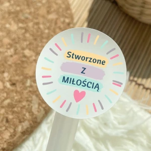 Stworzone z Miłością  – kolorowe okrągłe naklejki dla rękodzielników